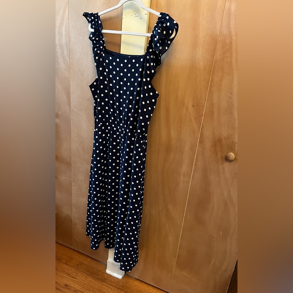 Navy Polka Dot Dress with Ruffle off the shoulder straps